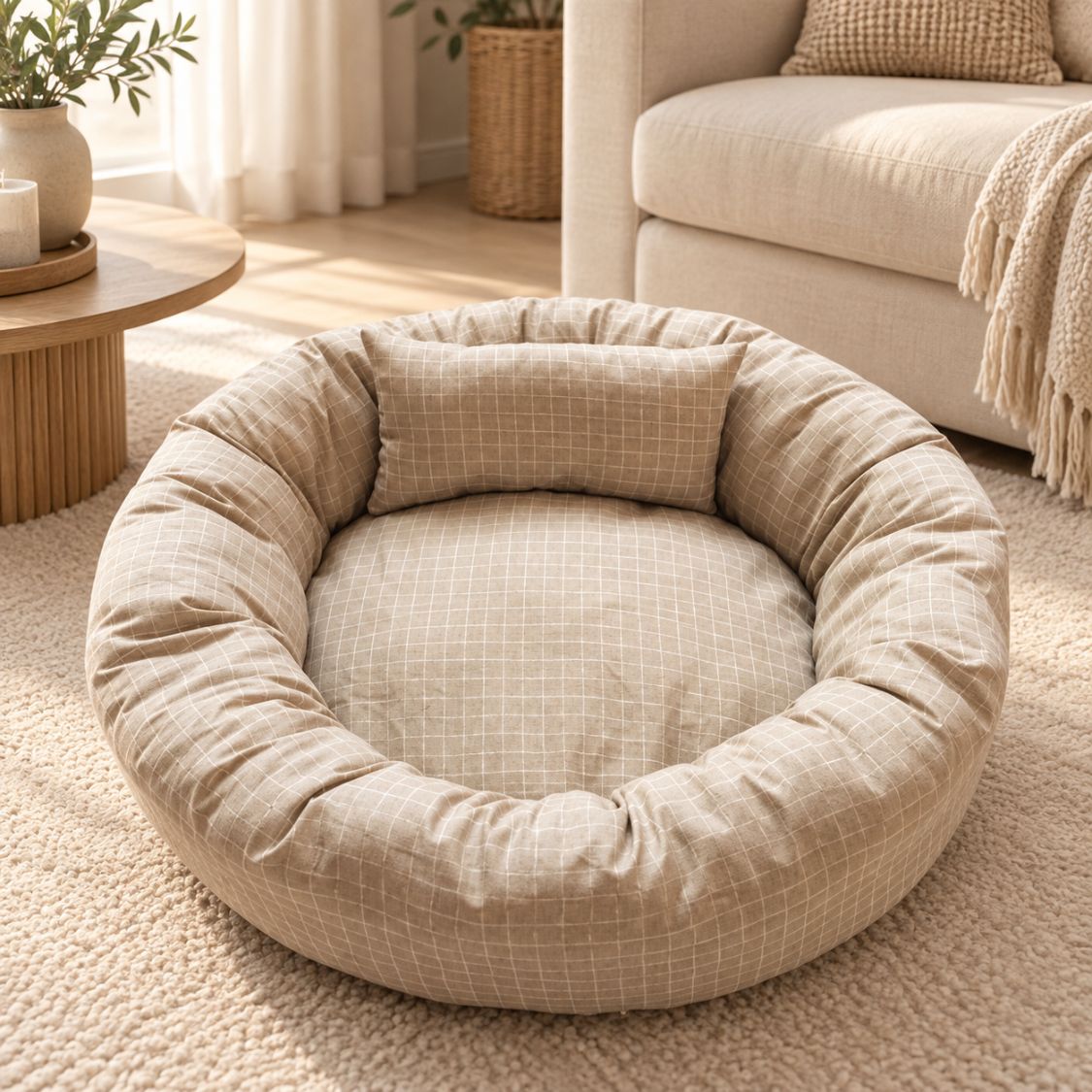 petit panier chien beige rond sans chien