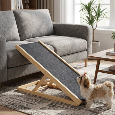 Rampe pour chien réglable en hauteur installée devant un canapé de salon