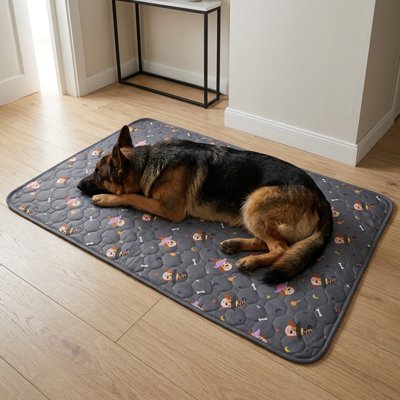 Tapis pour chien absorbant gris avec grand chien endormi sur surface matelassée