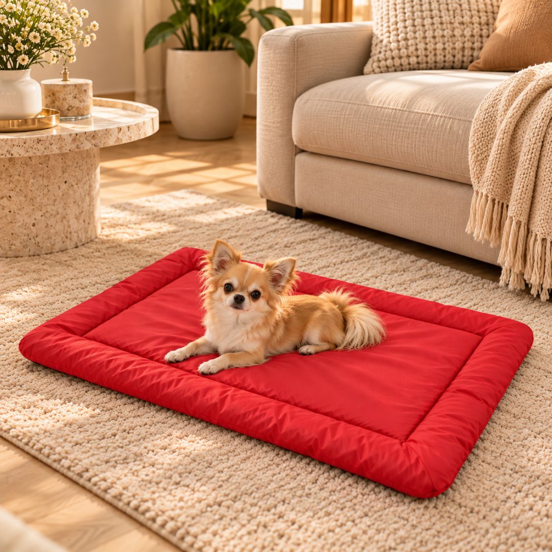 tapis pour chien impermeable rouge petit chien beige couche