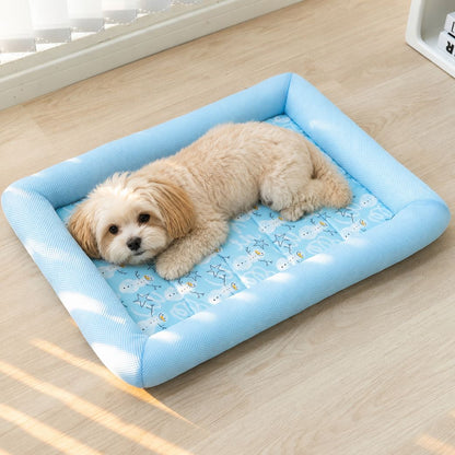 tapis rafraichissant chien motif hiver bleu rebords respirants