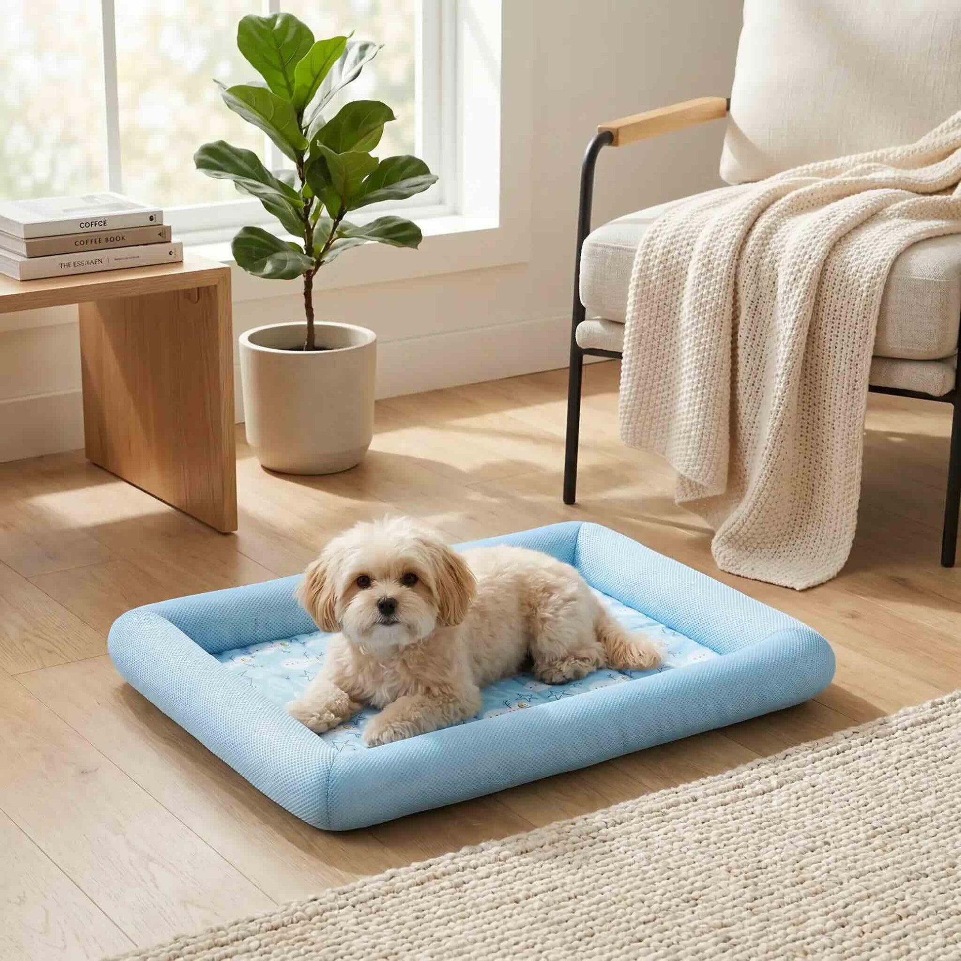 tapis rafraichissant chien motif hiver bleu