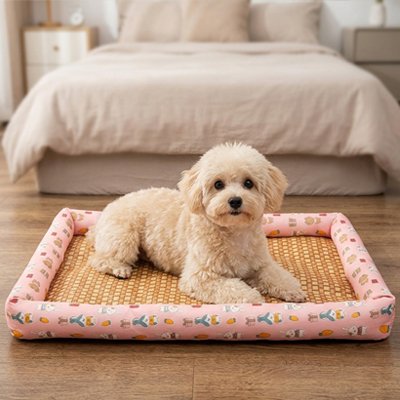 Tapis rafraichissant chien respirant avec rebords moelleux rose