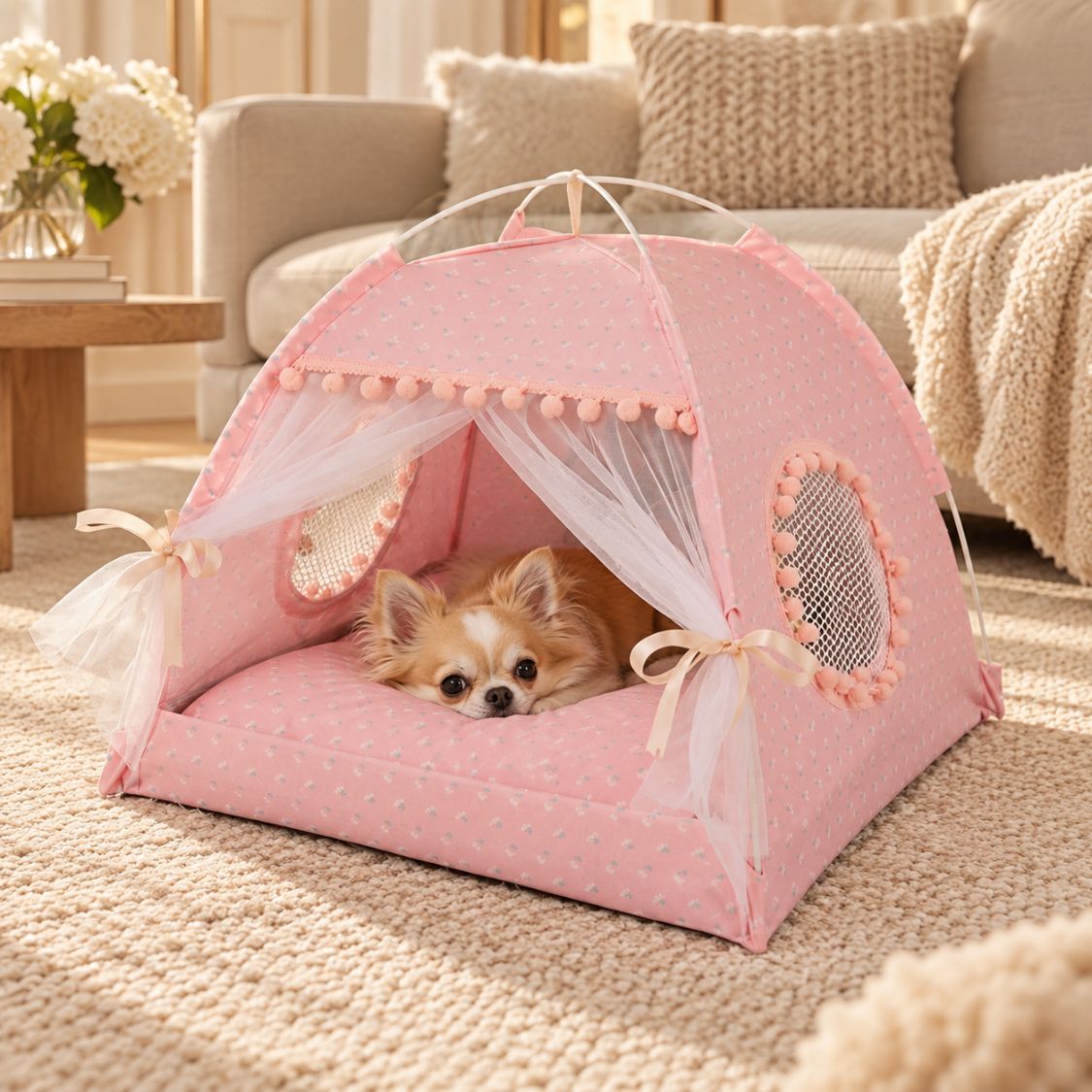 tente pour chien rose petit chien couche cote