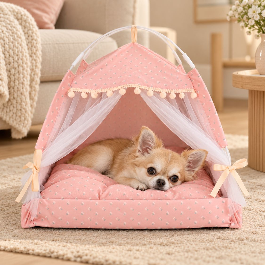 tente pour chien rose petit chien couche face