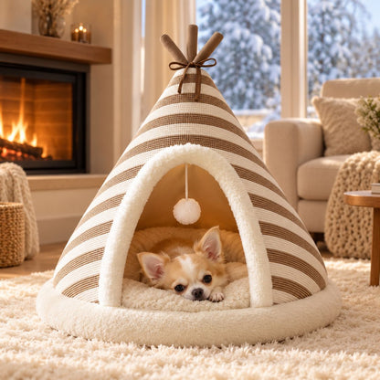 tipi pour chien beige chien endormi pres cheminee