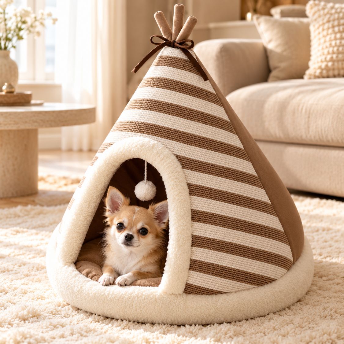 tipi pour chien beige chihuahua assis entree